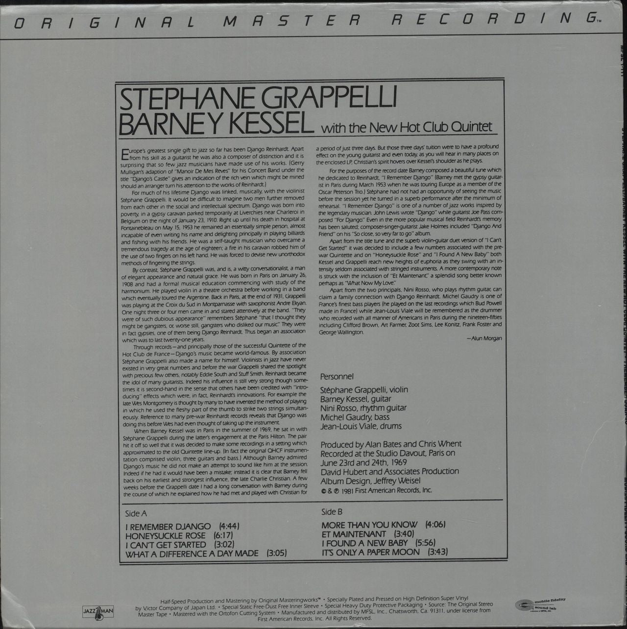 Stéphane Grappelli I Remember Django US vinyl LP album (LP record)