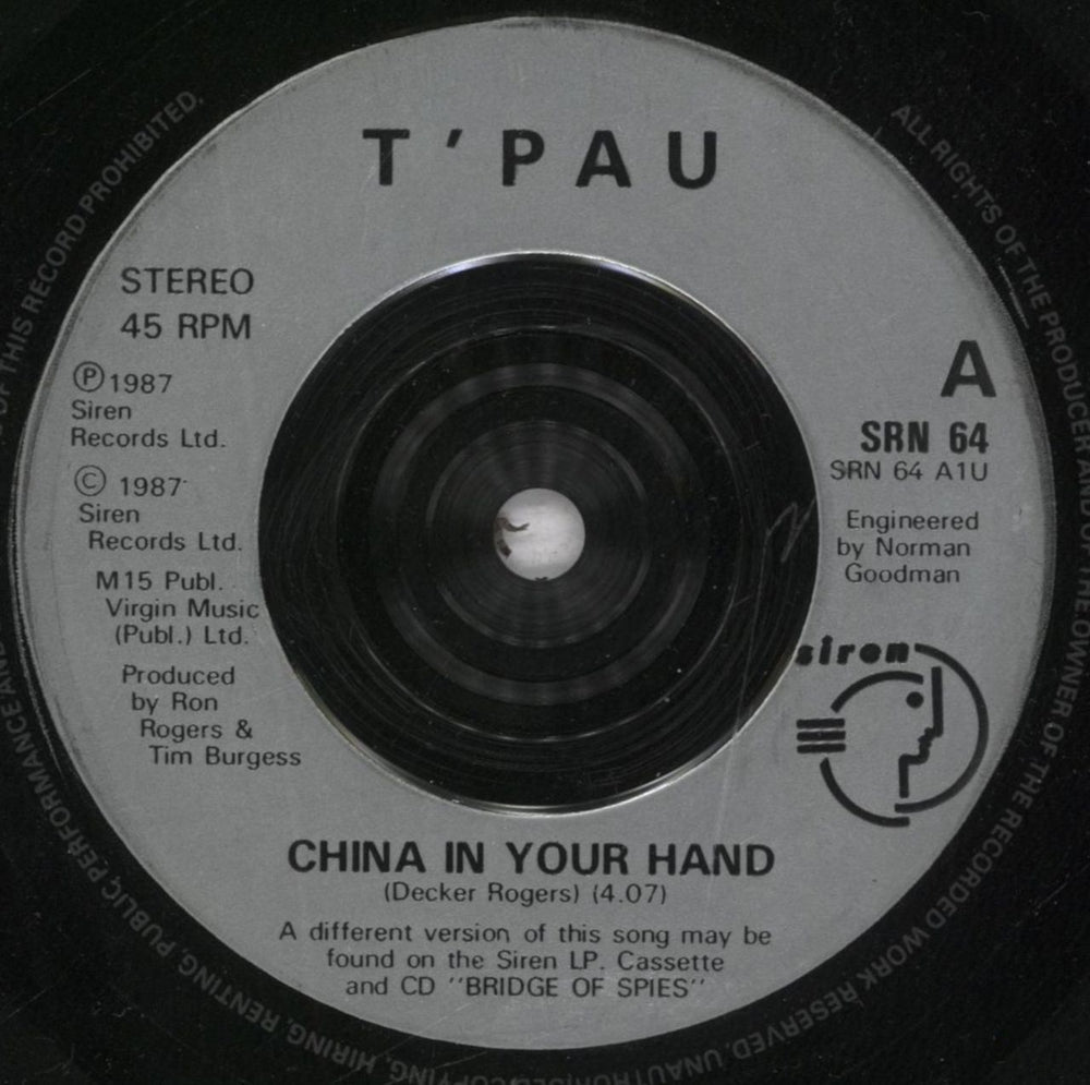 T'Pau China In Your Hand UK 7" vinyl single (7 inch record / 45) SRN64