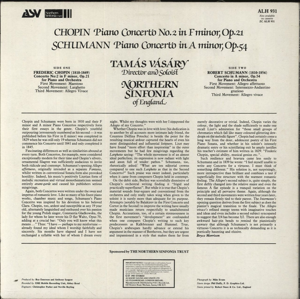 Tamás Vásáry Chopin: Piano Concerto No.2 In F Minor, Op.21 / SChumann: Piano Concerto In A Minor, Op.54 UK vinyl LP album (LP record)