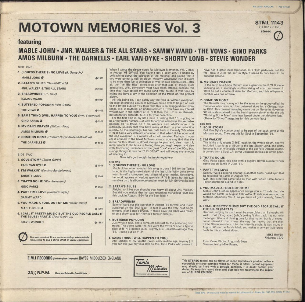 Tamla Motown Motown Memories Volume 3 UK vinyl LP album (LP record)