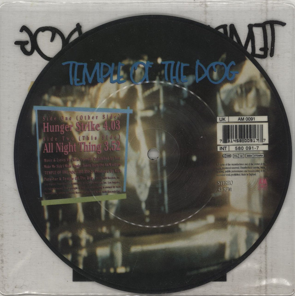 Temple of the Dog Hunger Strike UK 7" vinyl picture disc (7 inch picture disc single) 731458009177