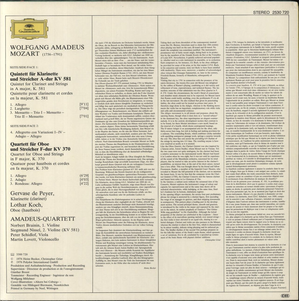 The Amadeus String Quartet Mozart: Quintet for Clarinet & Strings / Quartet for Oboe & Strings German vinyl LP album (LP record)