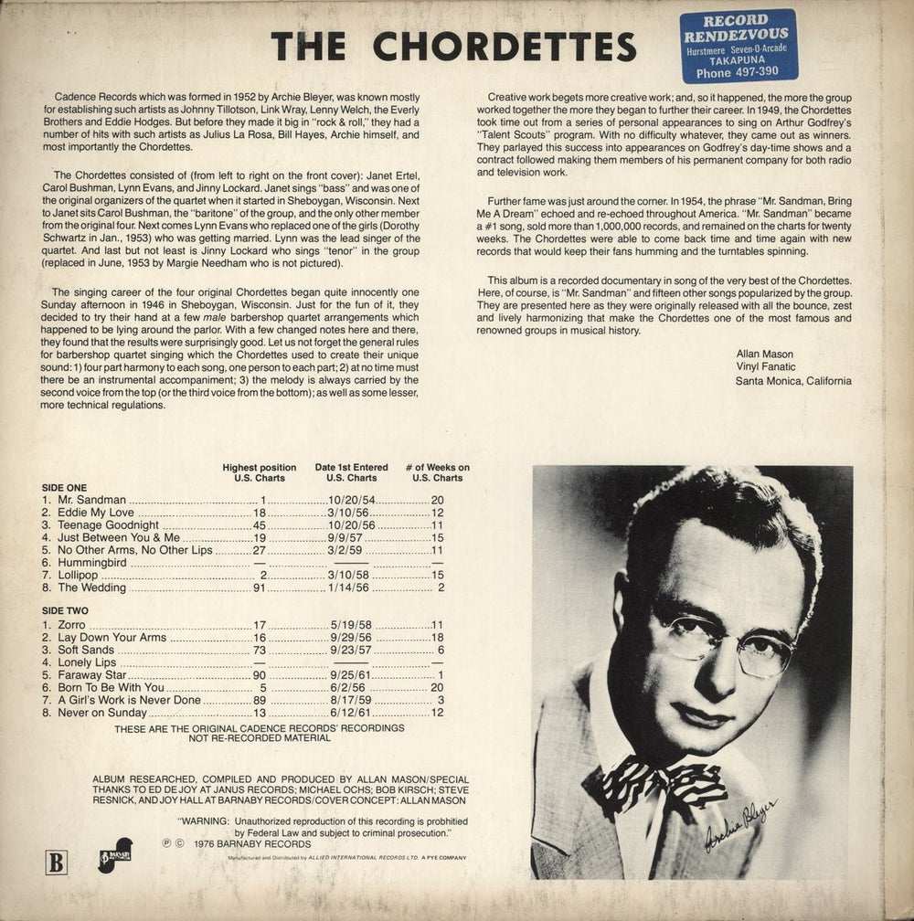 The Chordettes All The Very Best Of The Chordettes New Zealand vinyl LP album (LP record)