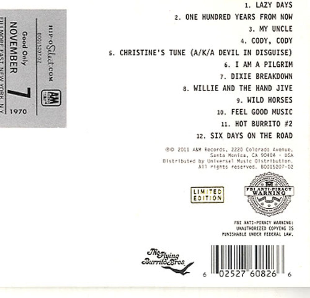 The Flying Burrito Brothers Authorized Bootleg/Fillmore East - November 1970 US CD album (CDLP) FBBCDAU622483