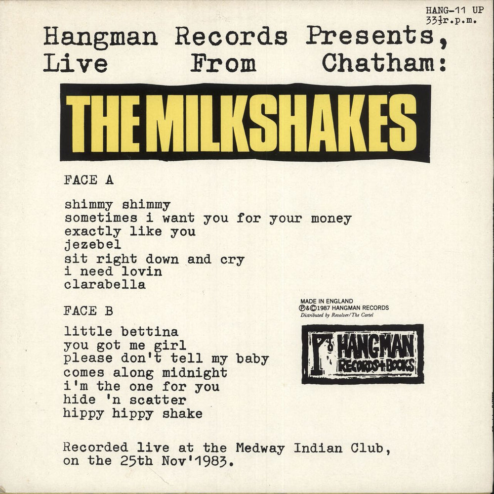 The Milkshakes Live From Chatham UK vinyl LP album (LP record)