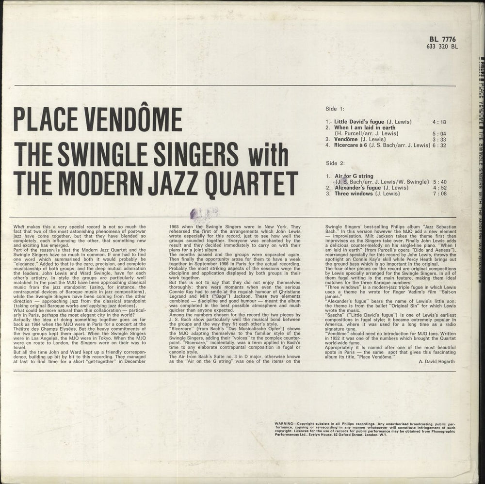 The Modern Jazz Quartet Place Vendôme UK vinyl LP album (LP record)