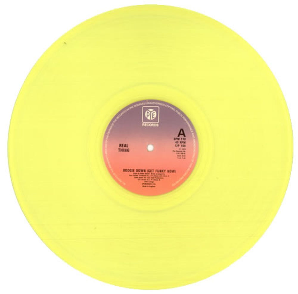 The Real Thing Boogie Down (Get Funky Now) - Yellow Vinyl UK 12" vinyl single (12 inch record / Maxi-single) TE012BO516120