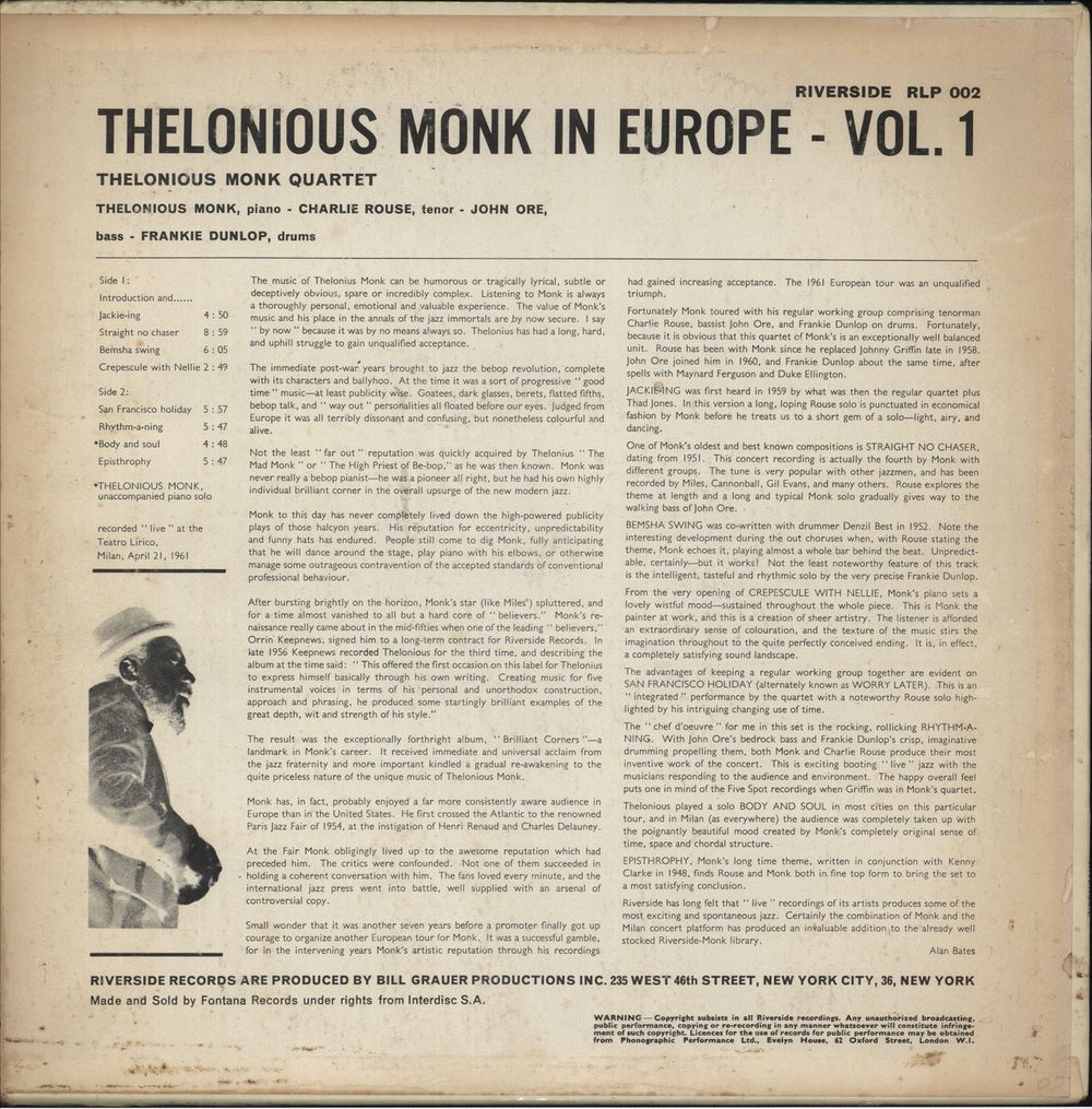 Thelonious Monk In Europe Vol. 1 UK vinyl LP album (LP record)