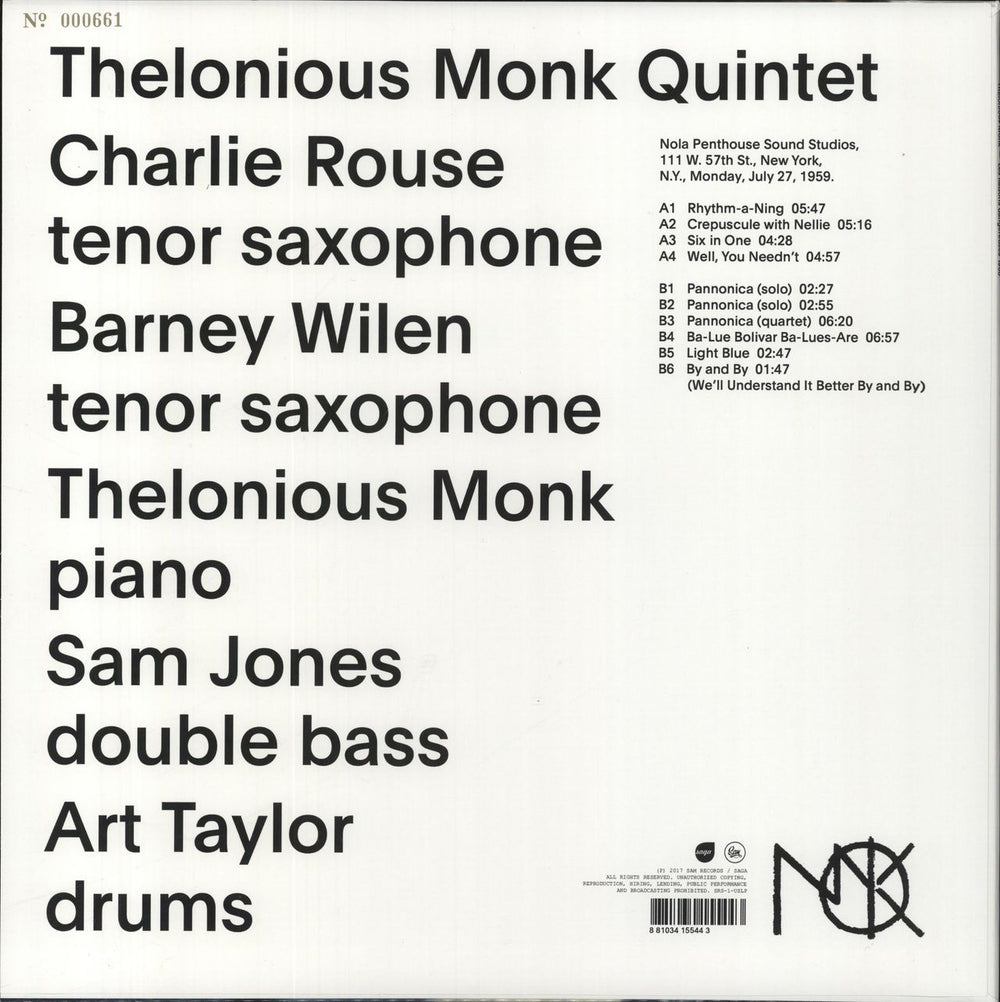 Thelonious Monk Les Liaisons Dangereuses 1960 - Numbered - 200gm US vinyl LP album (LP record) 881034155443