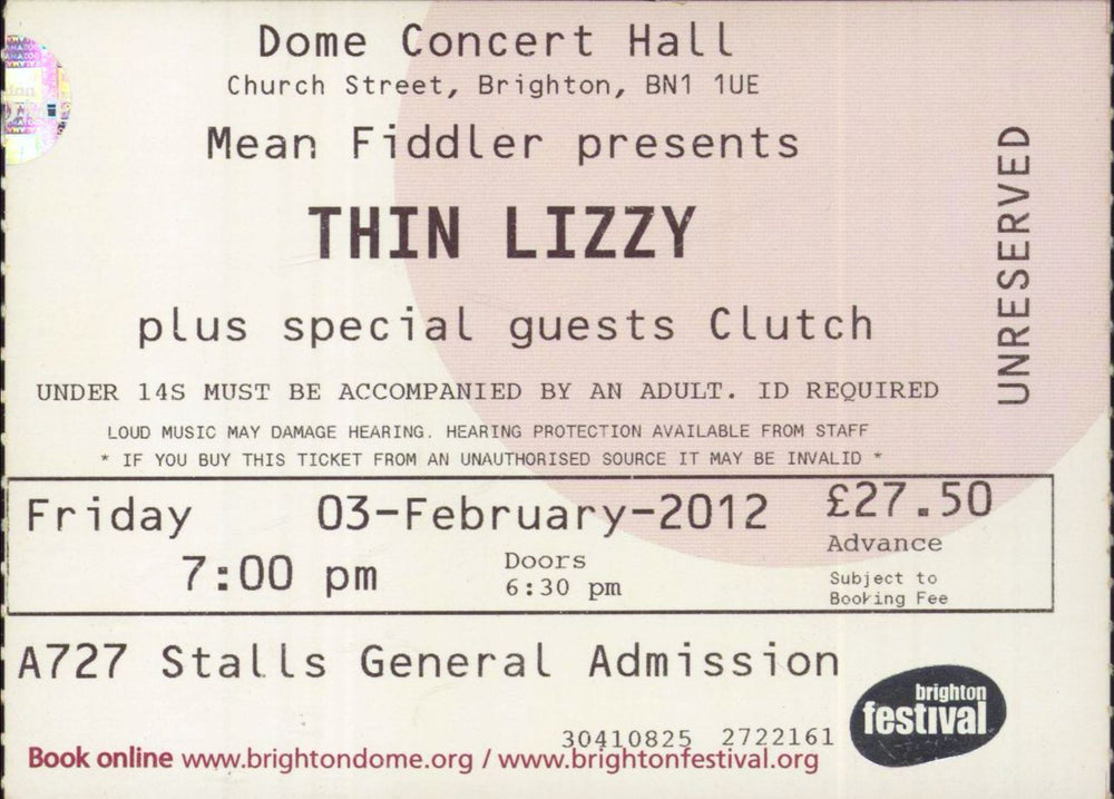 Thin Lizzy 2012 Tour Programme + Ticket Stub UK tour programme THITRTO833733