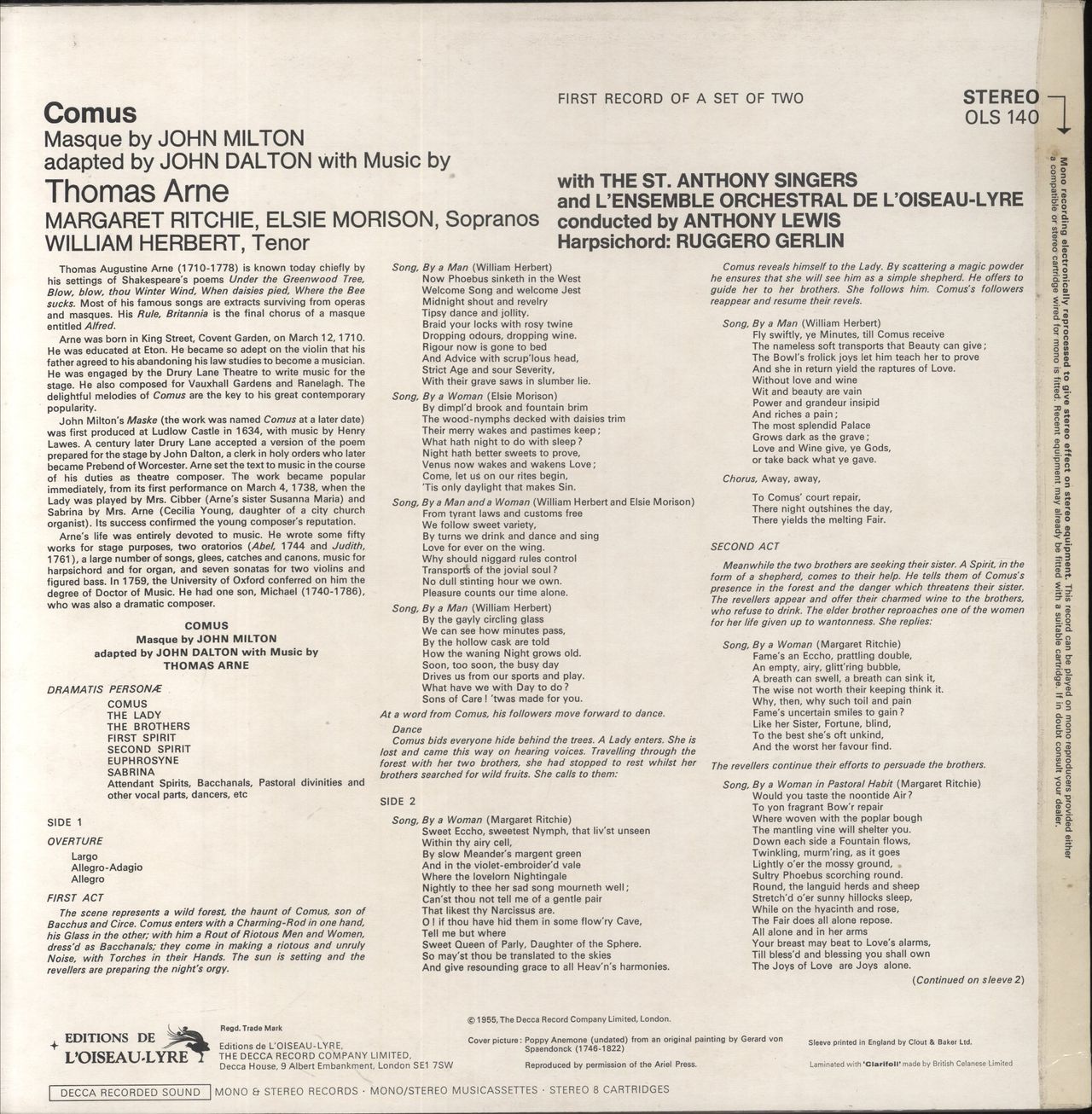 Thomas Arne Thomas Arne - Comus UK 2-LP vinyl record set (Double LP Album)