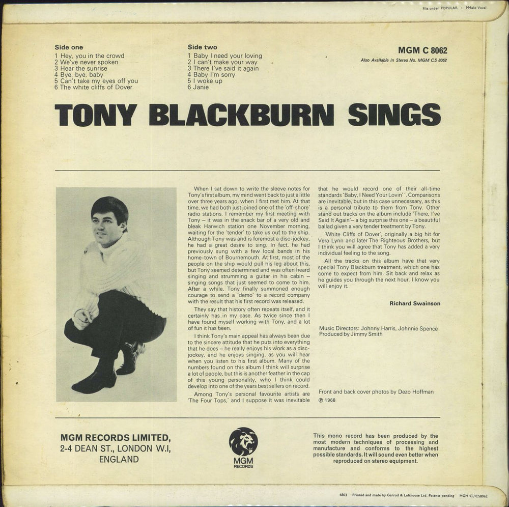 Tony Blackburn Tony Blackburn Sings UK vinyl LP album (LP record)