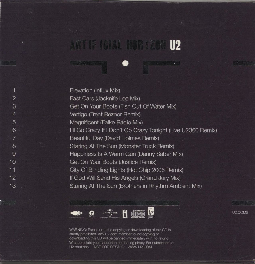 U2 Artificial Horizon UK Promo CD album (CDLP)