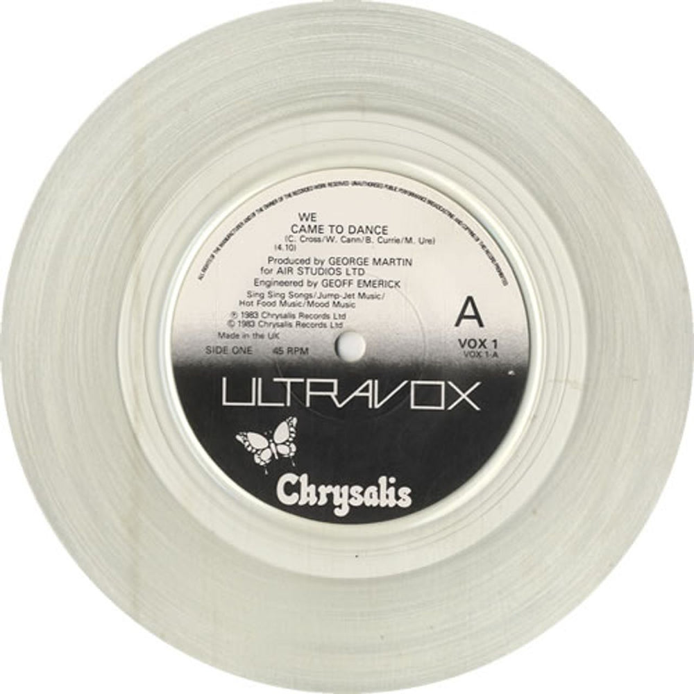 Ultravox We Came To Dance - Clear Vinyl & Stickered sleeve UK 7" vinyl single (7 inch record / 45) VOX07WE07361