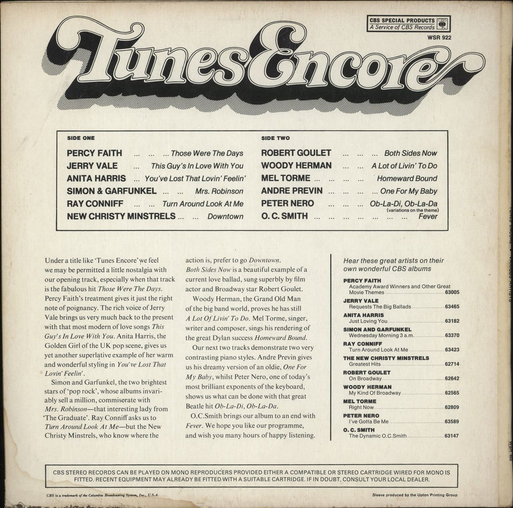 Various Artists Tunes Encore UK vinyl LP album (LP record)