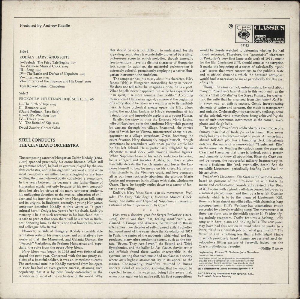 Various-Classical & Orchestral Kodály: Háry János Suite / Prokofiev: Lieutenant Kijé Suite UK vinyl LP album (LP record)