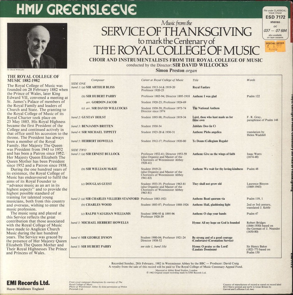 Various-Classical & Orchestral Music From The Service Of Thanksgiving To Mark The Centenary Of The Royal College Of Music UK vinyl LP album (LP record)