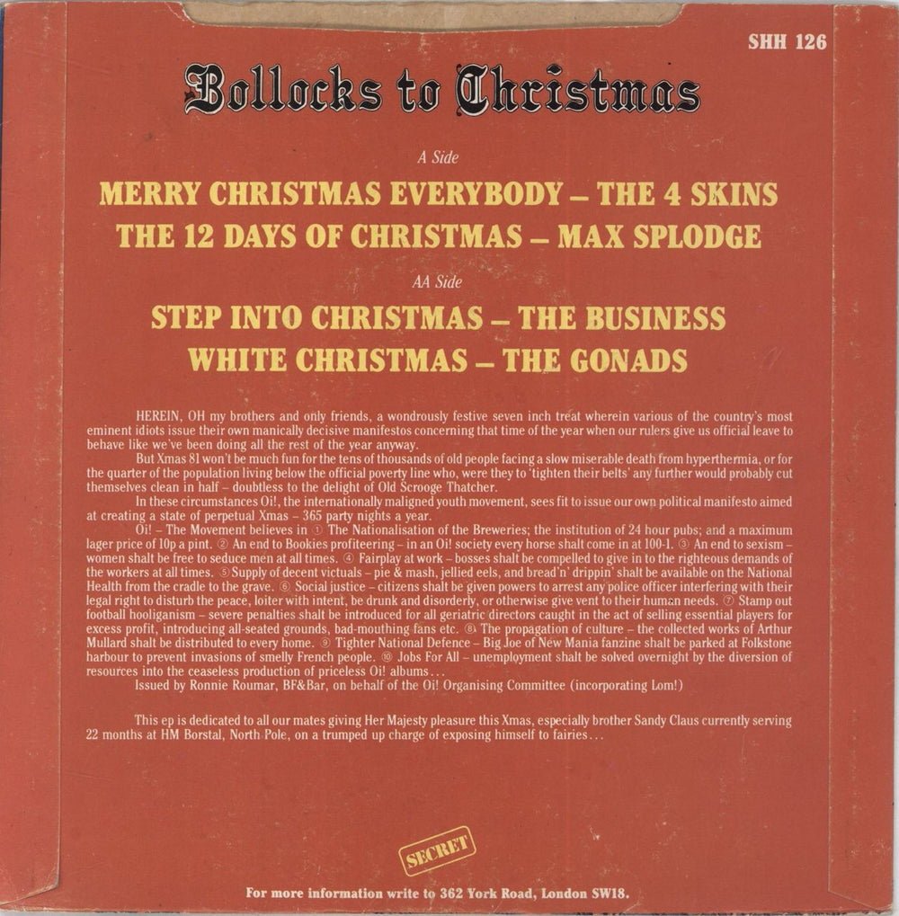 Various-Punk & New Wave Bollocks To Christmas UK 7" vinyl single (7 inch record / 45)