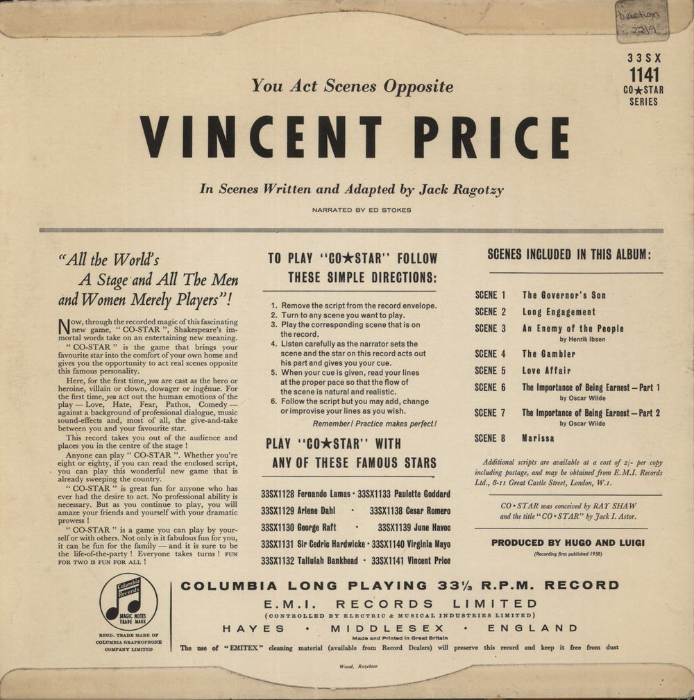 Vincent Price Co-Star - The Record Acting Game UK vinyl LP album (LP record)