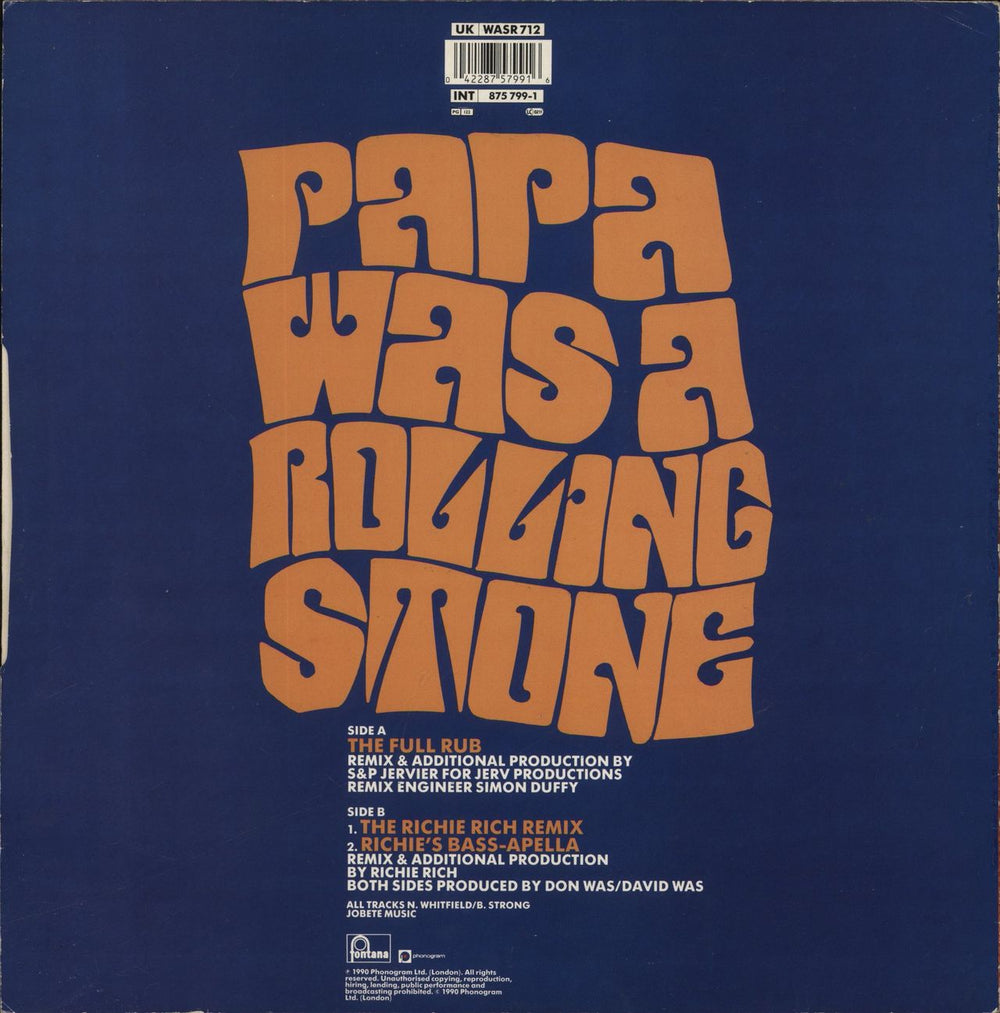 Was (Not Was) Papa Was A Rolling Stone - Remix UK 12" vinyl single (12 inch record / Maxi-single) 042287579916