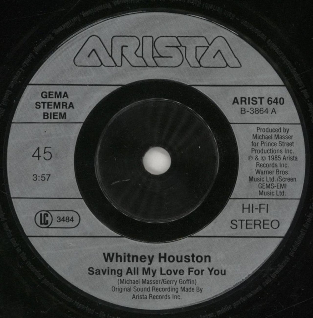 Whitney Houston Saving All My Love For You - Silver injection UK 7" vinyl single (7 inch record / 45) HOU07SA855890