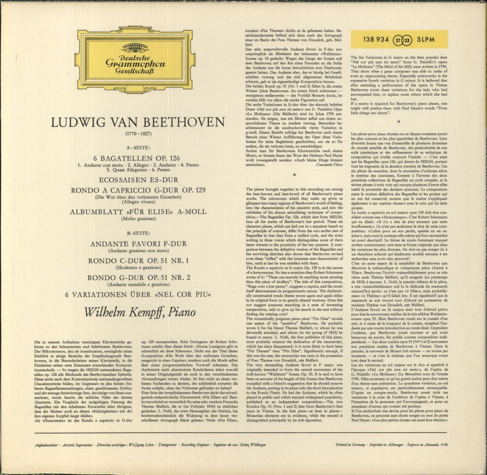 Wilhelm Kempff Beethoven: Bagatelles German vinyl LP album (LP record)