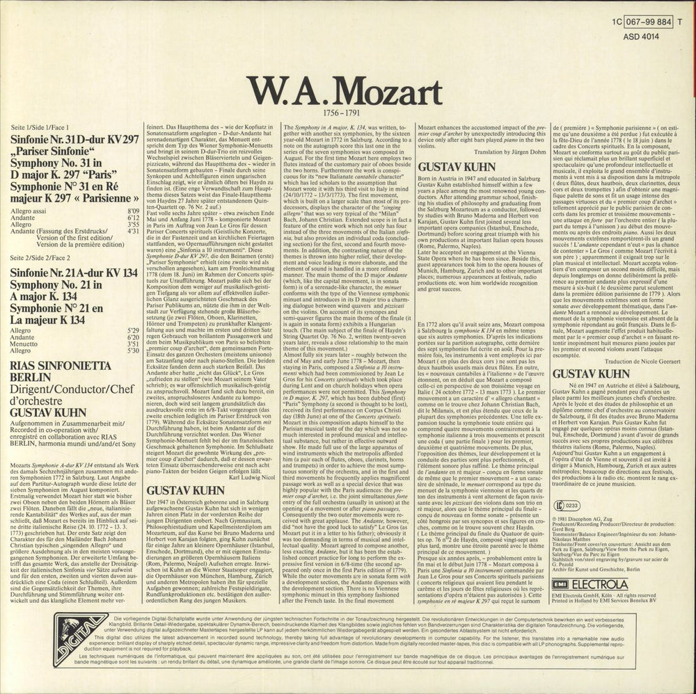 Wolfgang Amadeus Mozart Mozart: Sinfonie Nr. 21 / Sinfonie Nr. 31 "Pariser" German vinyl LP album (LP record)