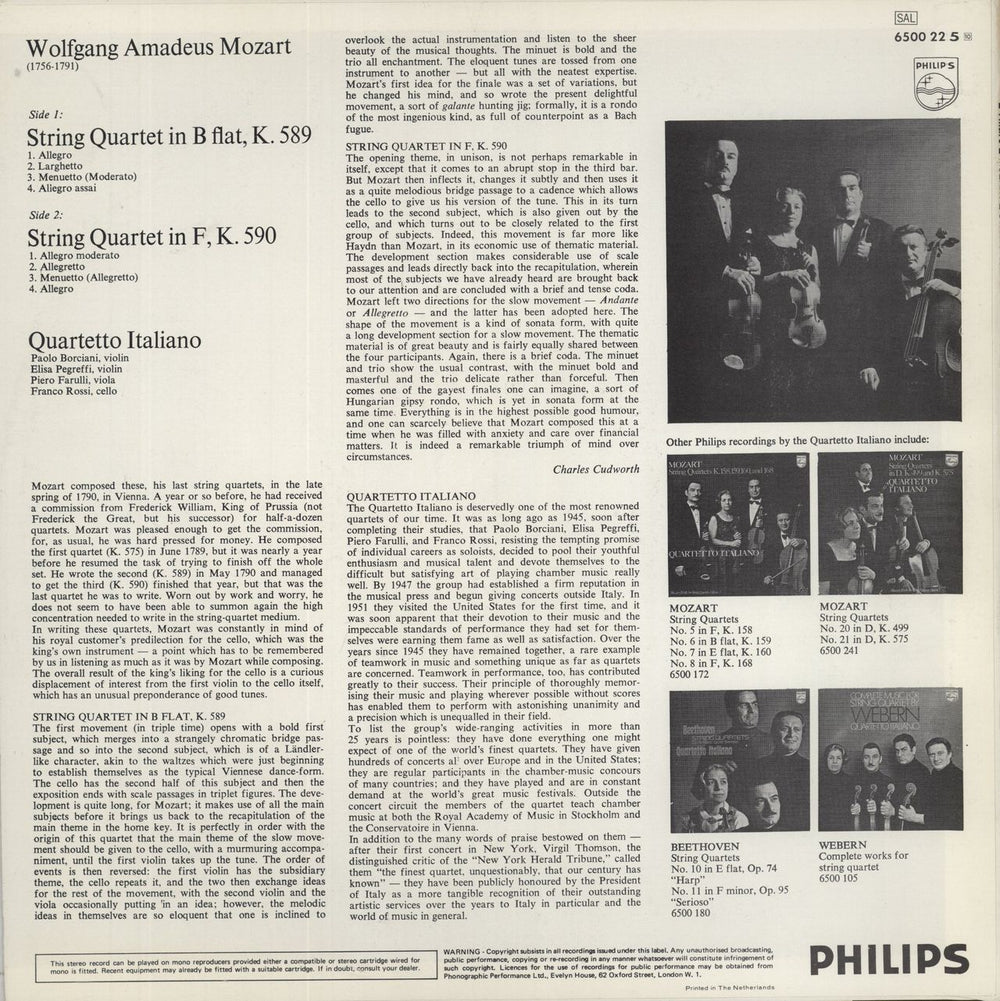 Wolfgang Amadeus Mozart Mozart: String Quartet In B Flat, K. 589 / String Quartet In F, K. 590 UK vinyl LP album (LP record)