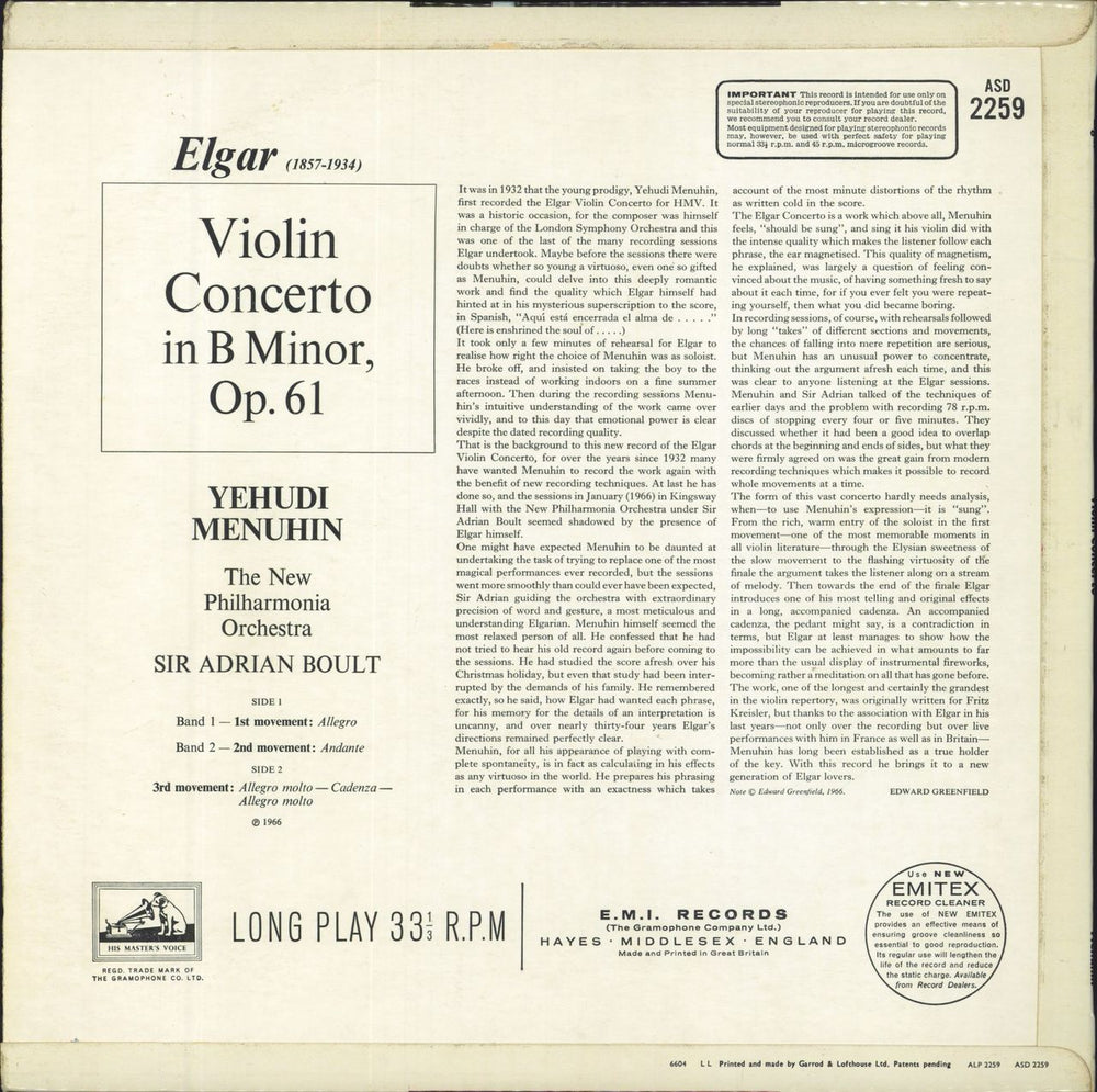 Yehudi Menuhin Elgar: Violin Concerto in B minor, Op. 61 - 1st UK vinyl LP album (LP record)