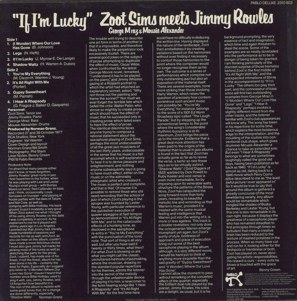 Zoot Sims If I'm Lucky UK vinyl LP album (LP record)