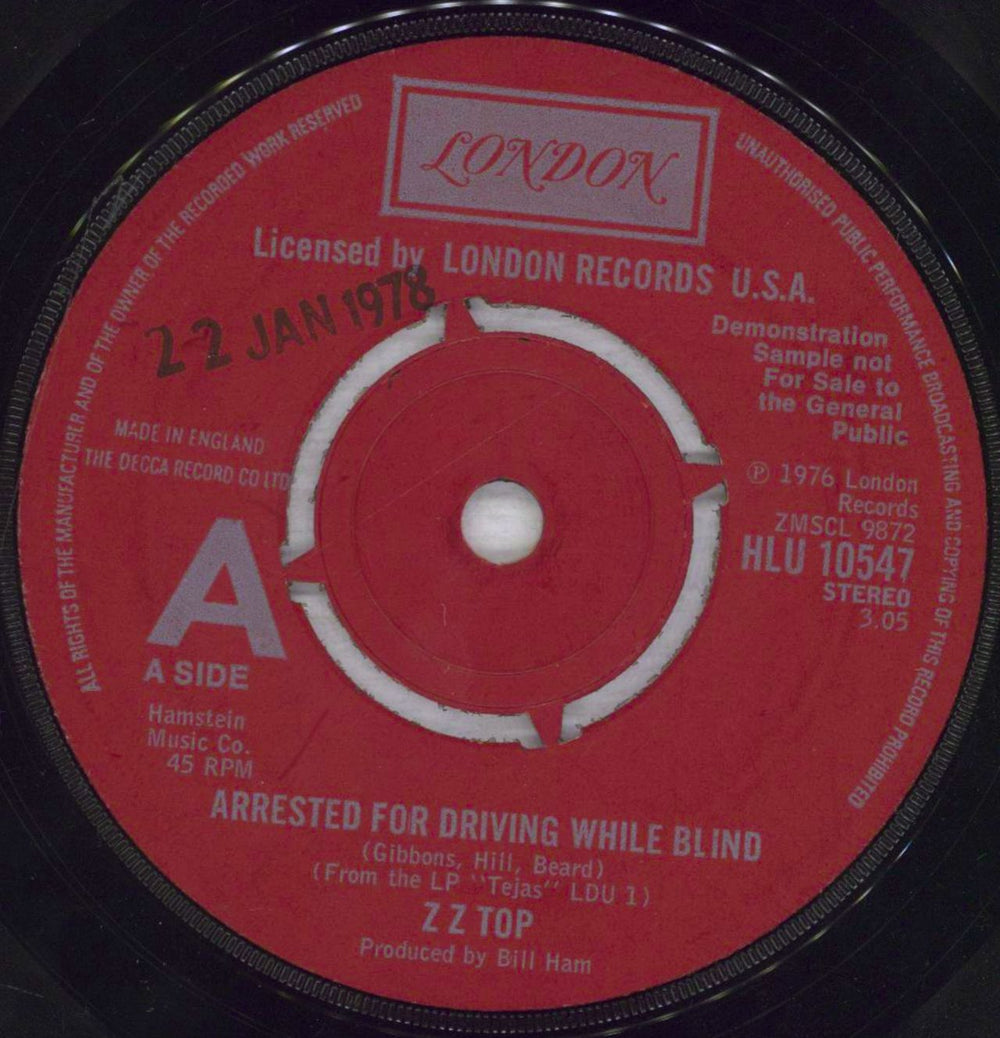 ZZ Top Arrested For Driving While Blind UK Promo 7" vinyl single (7 inch record / 45) HLU10547