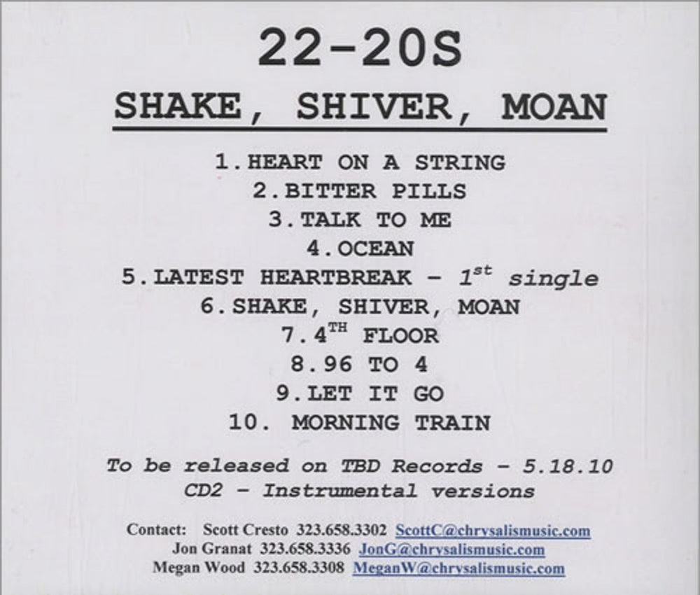 22-20s Shake, Shiver, Moan + Instrumental US CD-R acetate 2 x CD-R ACETATE