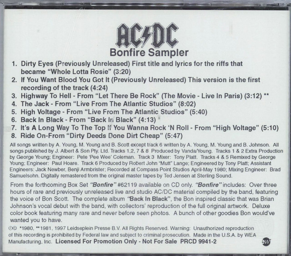 AC/DC Bonfire Sampler US Promo CD album (CDLP)