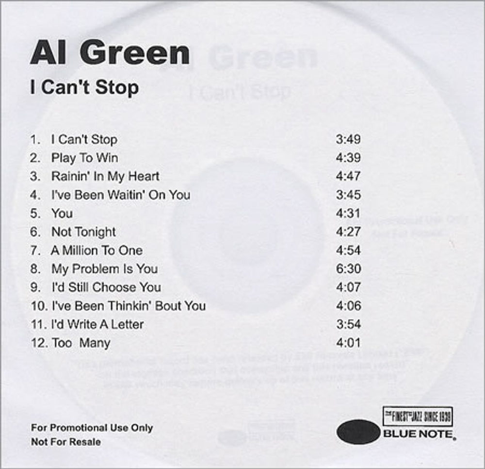 Al Green I Can't Stop - plain sleeve UK Promo CD-R acetate CD-R ACETATE