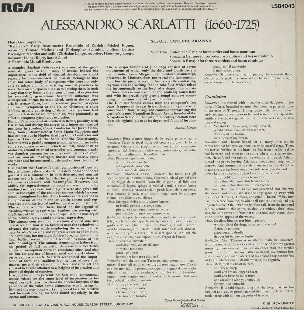 Alessandro Scarlatti Cantata: Arianna UK vinyl LP album (LP record)