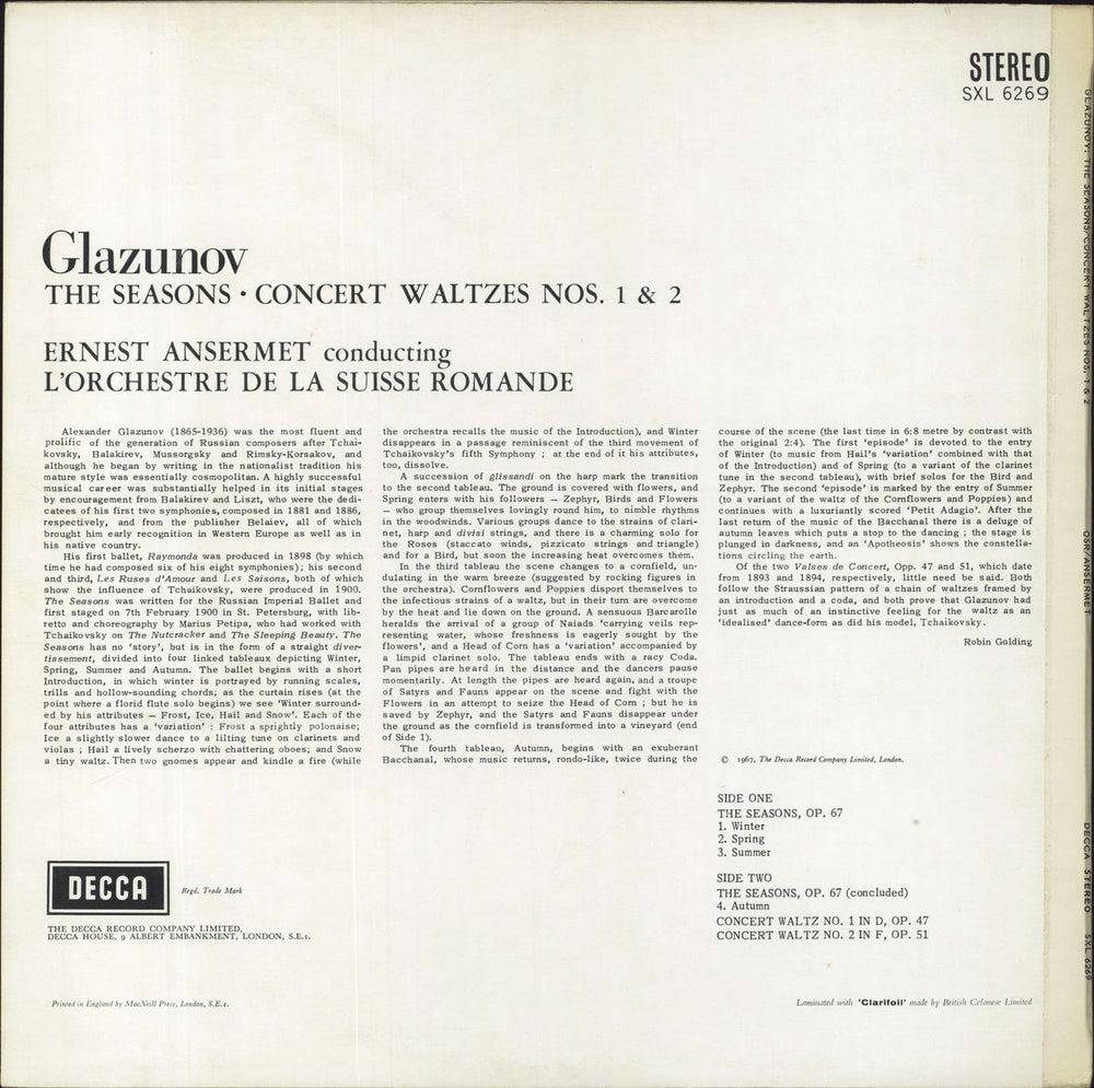 Alexander Konstantinovich Glazunov Ansermet Conducts Glazunov UK vinyl LP album (LP record)