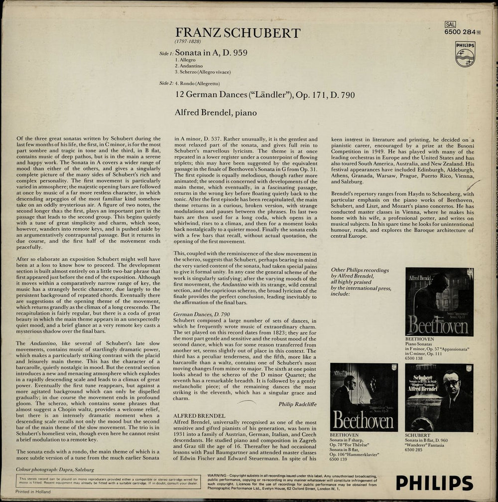 Alfred Brendel Schubert: Piano Sonata in A, D.959 & 12 German Dances D.790 Dutch vinyl LP album (LP record)