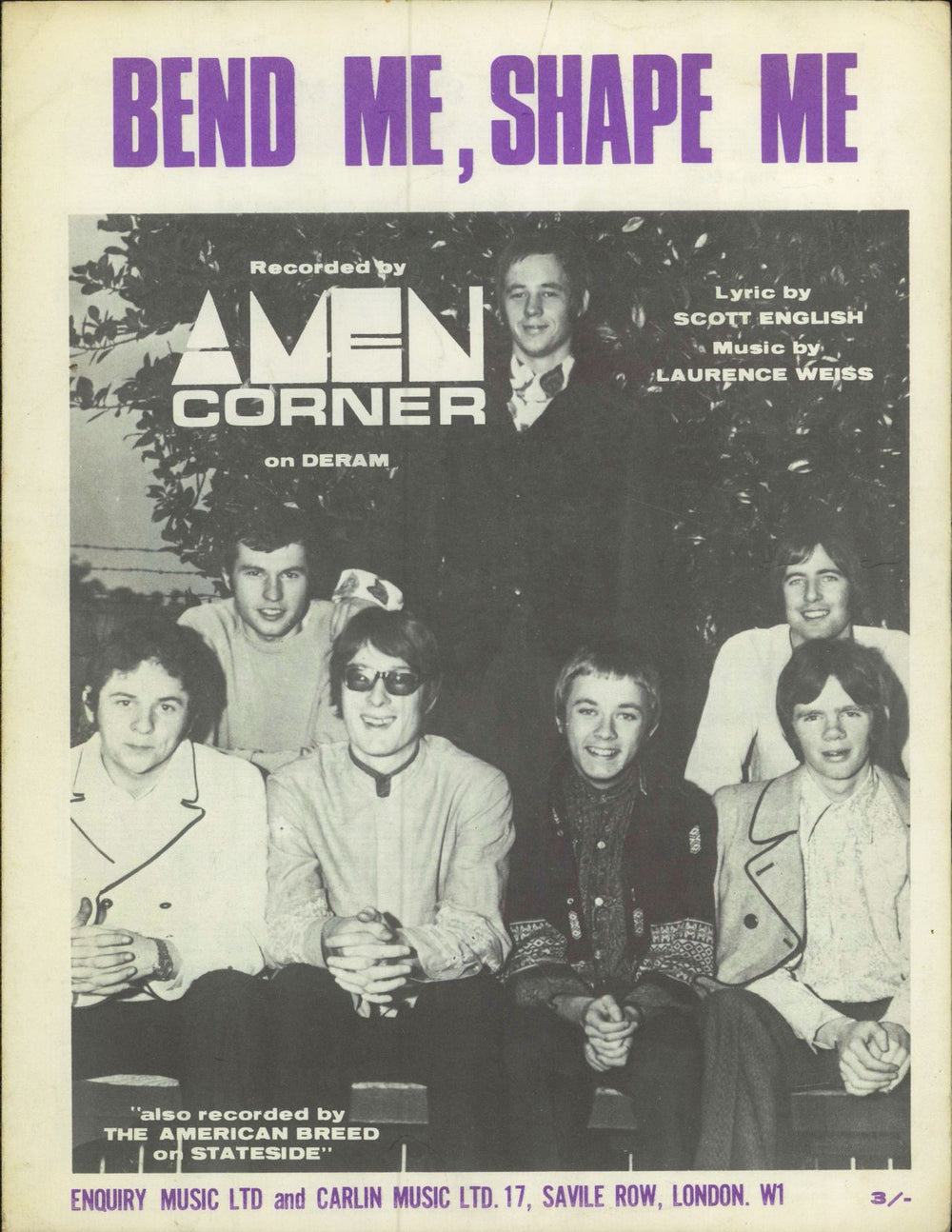 Amen Corner Bend Me, Shape Me UK sheet music SHEET MUSIC