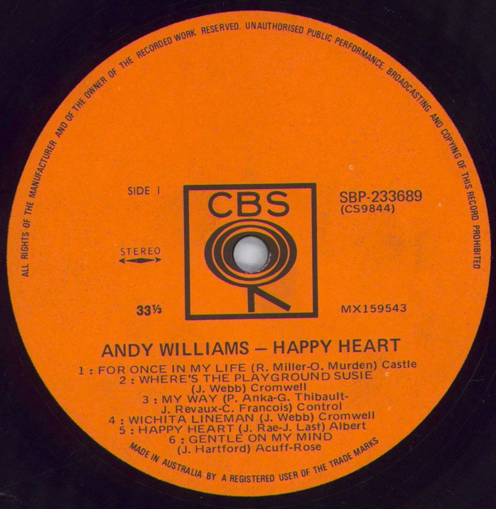 Andy Williams Happy Heart - Stereo Australian vinyl LP album (LP record) AWILPHA821933