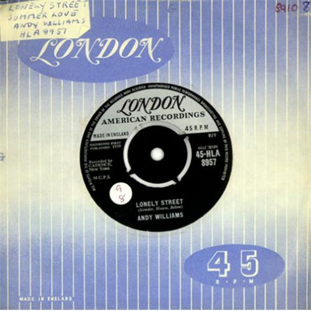 Andy Williams Lonely Street UK 7" vinyl single (7 inch record / 45) 45-HLA8957