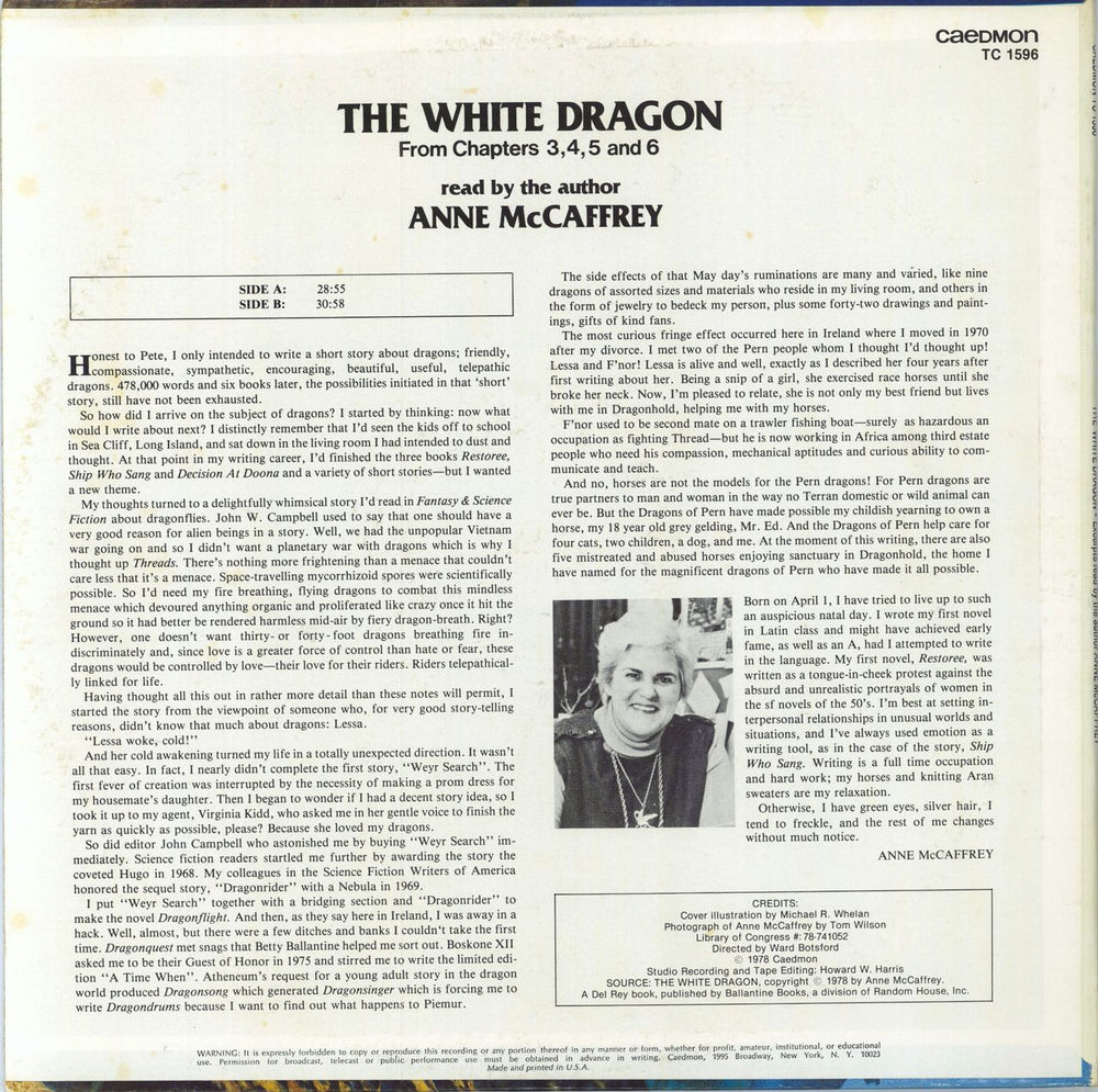 Anne McCaffrey The Dragonriders of Pern US vinyl LP album (LP record)