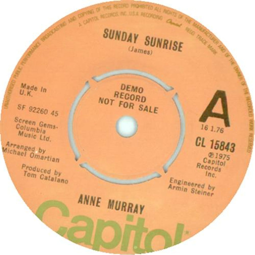 Anne Murray Sunday Sunrise UK Promo 7" vinyl single (7 inch record / 45) CL15843