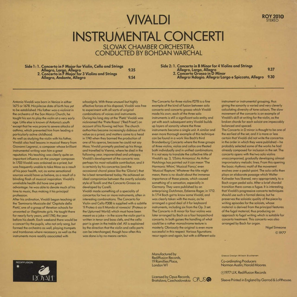 Antonio Vivaldi Instrumental Concerti UK vinyl LP album (LP record)