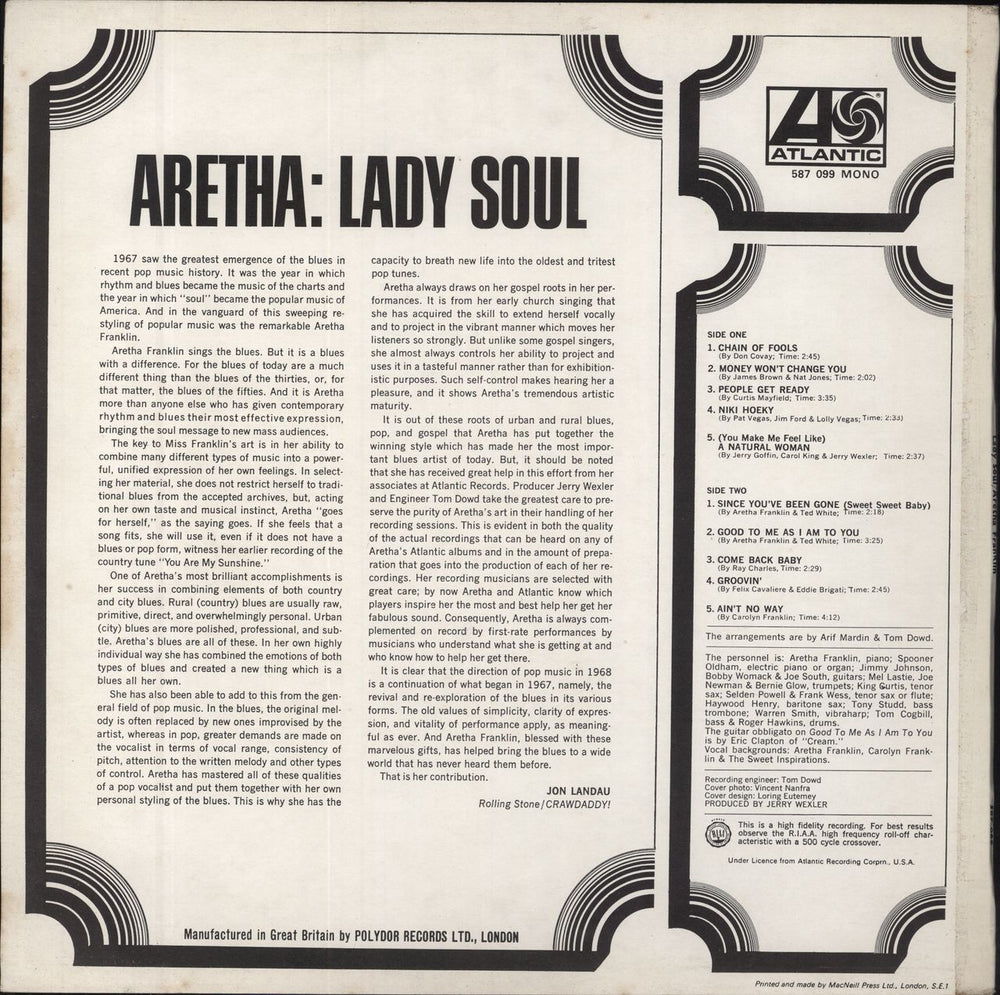 Aretha Franklin Lady Soul UK vinyl LP album (LP record)