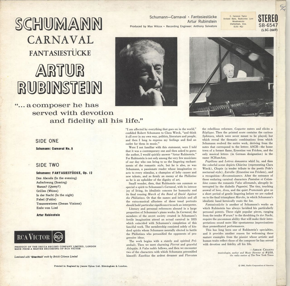 Artur Rubinstein Carnaval / Fantasiestücke UK vinyl LP album (LP record)