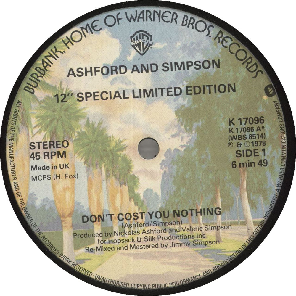 Ashford & Simpson Don't Cost You Nothing UK 12" vinyl single (12 inch record / Maxi-single) K17096