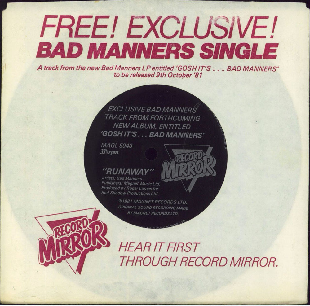 Bad Manners Runaway + Sleeve UK Promo 7" vinyl single (7 inch record / 45) MAGL5043