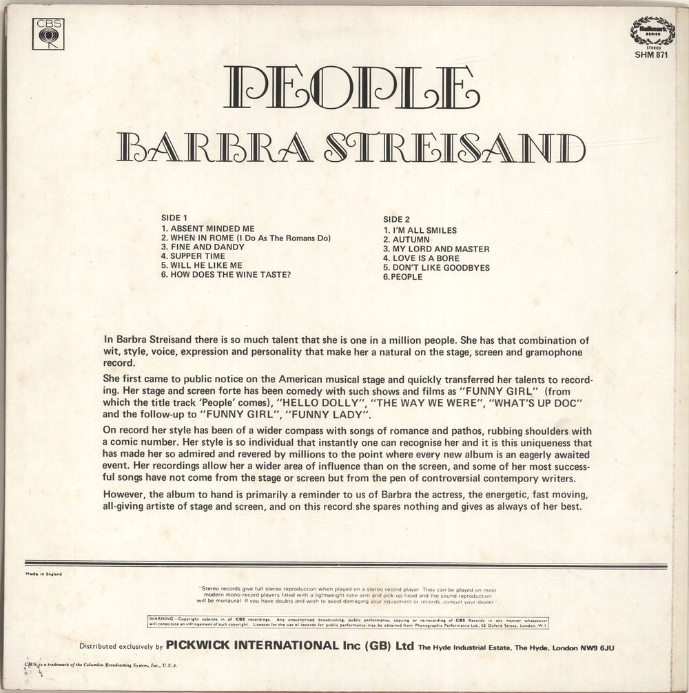 Barbra Streisand People UK vinyl LP album (LP record)