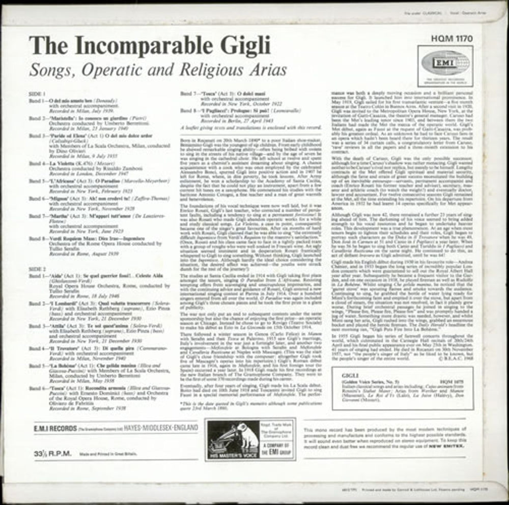 Beniamino Gigli The Incomparable Gigli UK vinyl LP album (LP record) C66LPTH525470