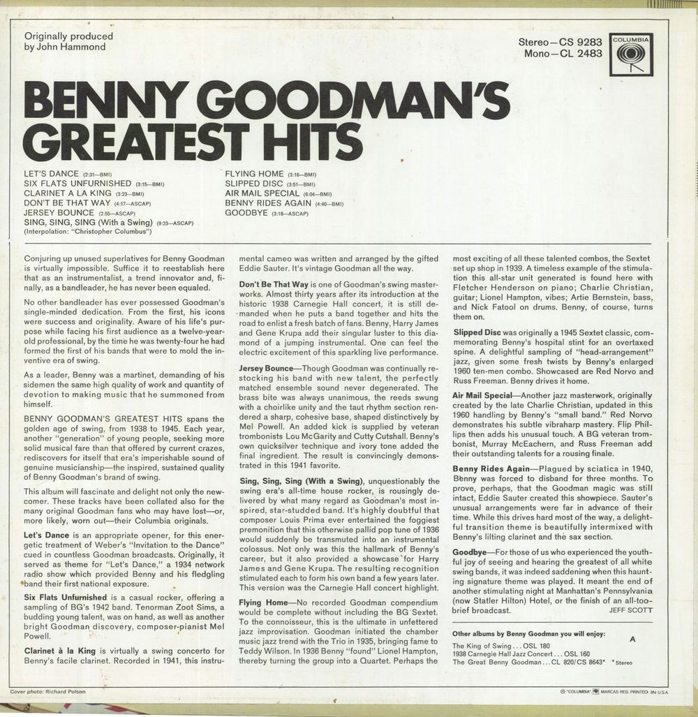 Benny Goodman Benny Goodman's Greatest Hits US vinyl LP album (LP record)